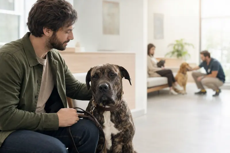 Ein Perro de Presa Mallorquin sitzt ruhig neben seinem Besitzer im hellen Wartezimmer einer modernen Tierarztpraxis.